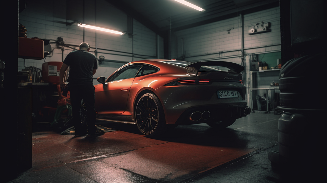 A red sports car in a garage going through an MOT test