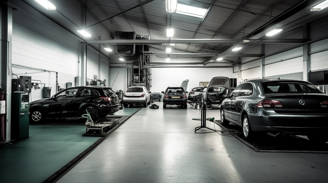 An image of an MOT test centre with cars in various stages of testing