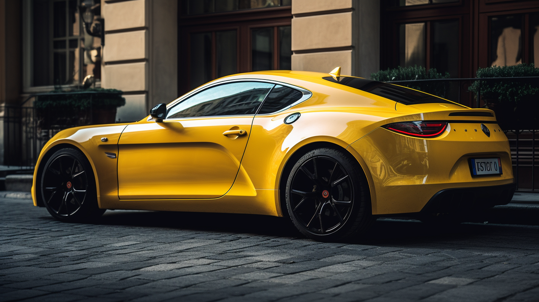A yellow Renault sports car parked on a street