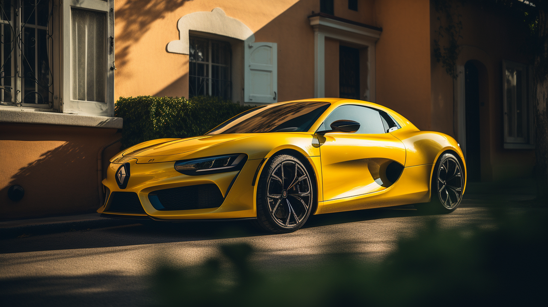 A yellow Renault sports car parked outside a house