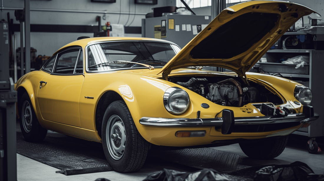 a vintage yellow Renault sports car getting a service